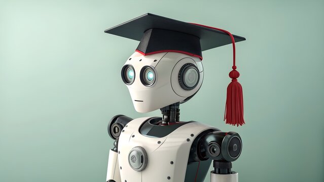 A robot figurine donning a graduation cap and gown in a futuristic setting