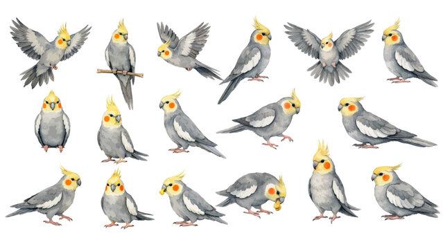 A charming watercolor collection of cockatiel parrots, including perched poses, flying positions, fluffy yellow crests, and soft grey feather details.