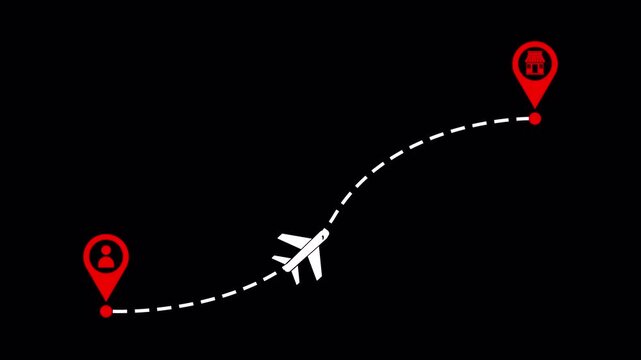 Airplane Icon with Flight Path Between Two Map Pins on Transparent Background