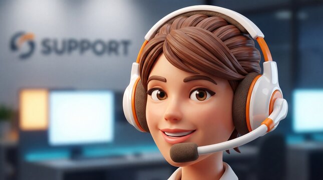 Female customer support agent with headset, 3d cartoon character, call center assistant, online help desk, virtual assistant, technical support, customer service, telemarketing, office work.