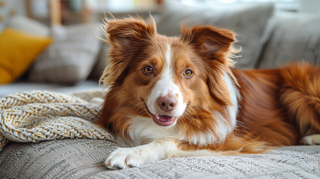 Happy ginger border collie dog lying on a cozy sofa with knitted blanket, domestic pet relaxation and home comfort concept.