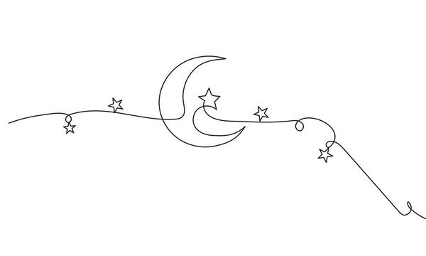 Continuous line drawing of a crescent moon with stars on a string Islamic design concept