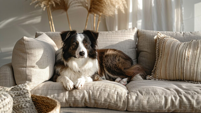 Cute border collie dog lying on a couch in a bright modern living room, domestic pet lifestyle and home interior concept.
