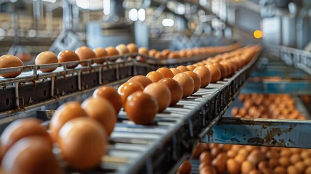 Brown eggs freshly gathered from farm roll smoothly along mechanized conveyor belt inside well-illuminated poultry processing and packaging facility, showcasing modern agriculture and egg manufacture