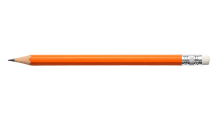 A single, sharpened orange pencil is displayed horizontally against a stark black background. high-quality professional
