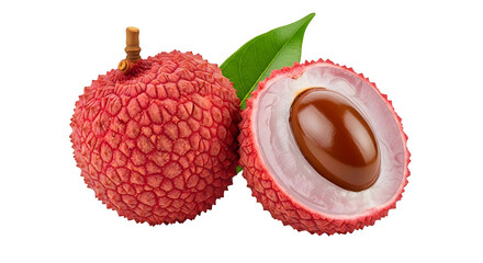 A vibrant lychee fruit is displayed whole and cut open, revealing its translucent, sweet flesh.
