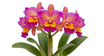A vibrant cluster of cattleya orchids displays shades of pink, orange, and yellow against a black backdrop.