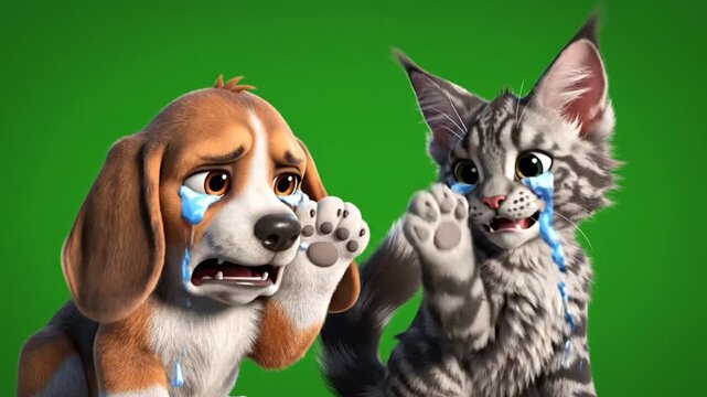 Crying cartoon dog and cat friendship upset emotions sadness tears animated adorable animals green screen