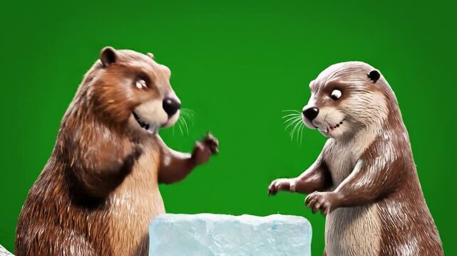 Cute animated otters interacting with ice cube on green screen background for cartoon animation compositing