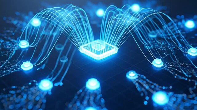 AI Data Processing Hub Connecting Cloud Network Nodes &ndash; Futuristic Blue Distributed Computing System