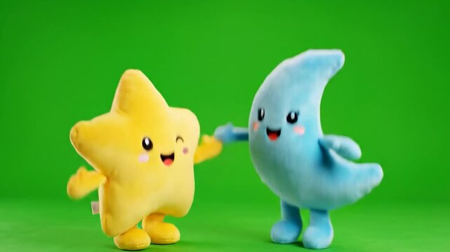 Dancing plush star and moon on green screen animated cute celestial friends