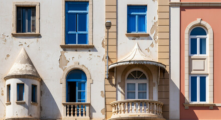 Obraz premium Old building facade with peeling paint and blue windows architecture