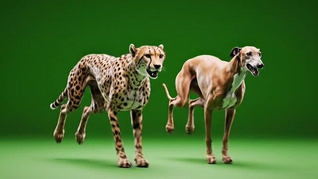 Digitally rendered cheetah and greyhound running against a green screen backdrop depicting speed and agility