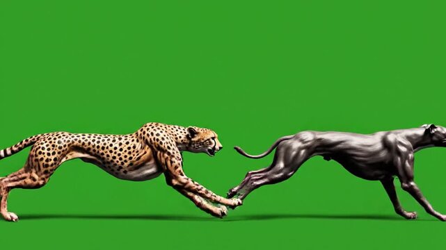 Digital render cheetah pursuing grey panther running on green screen revealing wildlife predator and prey