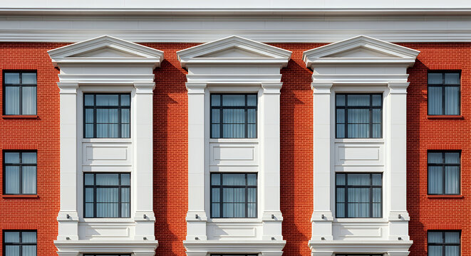 Red brick building facade with white classical architectural details and dark framed windows