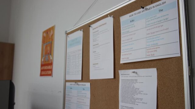 Tilt up shot of bulletin board with notes and posters on wall in minimal class setting for prison education program, copy space