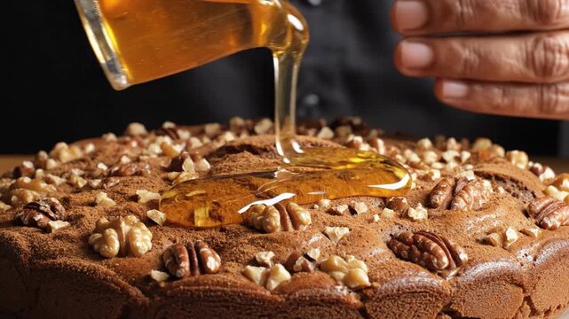 Hands pour honey over a fresh brown nut cake topped with nuts and cinnamon. The kitchen is warm, highlighting the rich textures of the dessert. The process is smooth and enjoyable