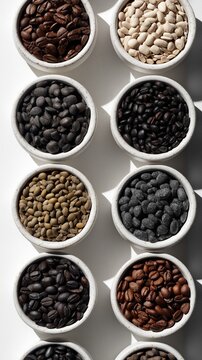 Top-down flat lay of multiple white ceramic cups filled with coffee beans and seeds of various roast levels.