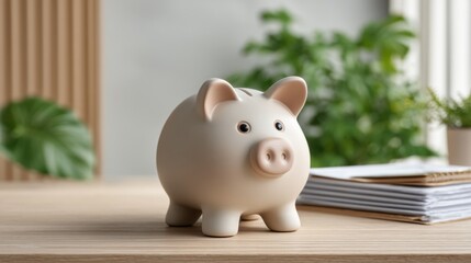 Ceramic piggy bank on wooden desk with green plants and stationery in bright room for financial saving and budgeting concept photography