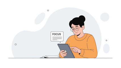 Young woman focused on tablet screen, digital learning, online education, concentration concept