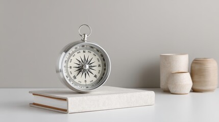 Elegant silver compass on a neutral shelf with minimalistic decor, perfect for themes of direction, exploration, and adventure in modern design settings