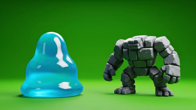 Fantasy game characters 3d animation rendering golem and blue slime on green background game assets