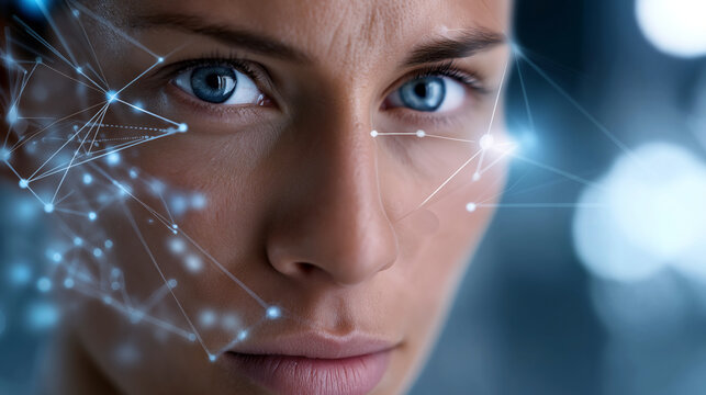 Close-up of a human face analyzed by artificial intelligence facial recognition technology with geometric lines and data visualization