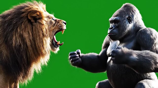 Ferocious roaring lion confronts powerful gorilla on green screen background preparing for a battle
