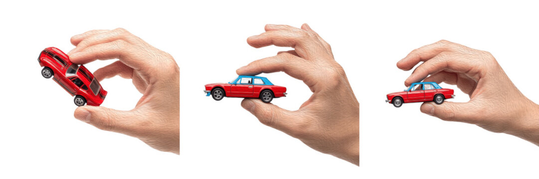 Set and collection of human hand holding toy car, miniature plastic vehicle and small diecast automobile model isolated on white transparent png background