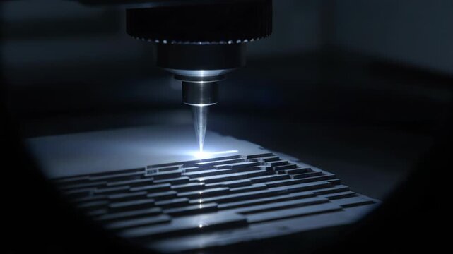 Precision laser engraving machine creates intricate patterns on metal. Advanced technology shapes materials with focused light beam.