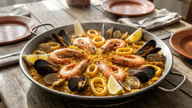 seafood paella served in a wide shallow pan spanish dish video
