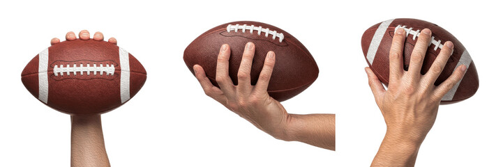 Set and collection of human hand holding american football, brown leather rugby ball and athletic sports equipment isolated on white transparent png background © Filess Terrani