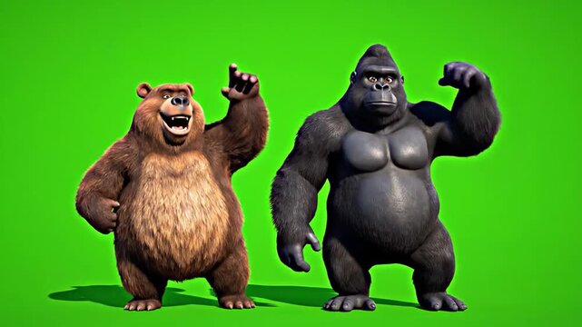 Funny cartoon bear and gorilla characters gesturing on green screen chroma key background animation ready