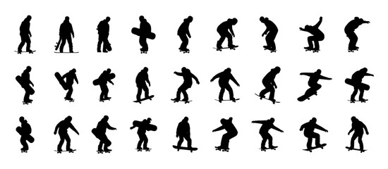 Skateboarding Silhouettes Set: Skaters Performing Tricks, Kickflips, and Carrying Boards © Hamidkamboh
