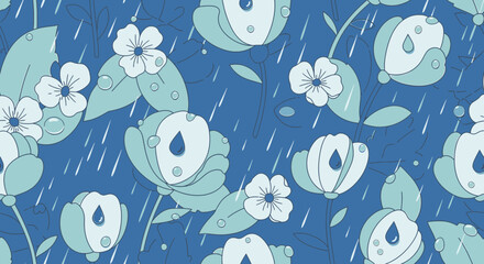 Abstract Floral Pattern with Rain Drops and Dew on Blue Background