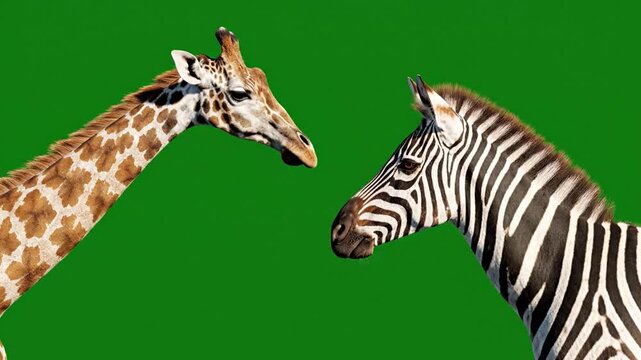 Giraffe and zebra head profiles facing each other isolated on green screen background for visual effects and compositing
