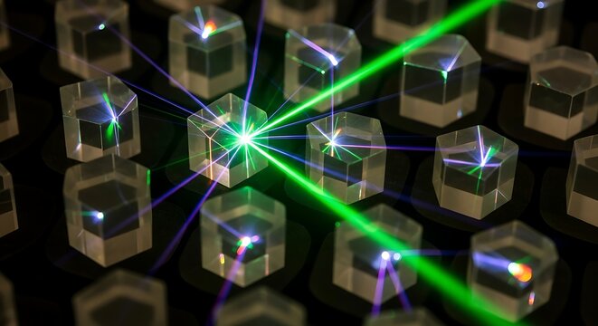 Green laser beam refracts through hexagonal prisms, creating light patterns