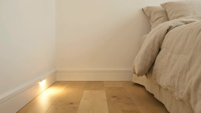 Subtle wall lighting illuminates a cozy bedroom corner. Warm light reflects softly on the wooden floor.