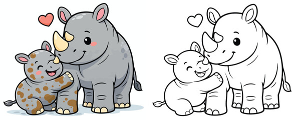 Adorable cartoon of a mother and baby rhino cuddling in love Illustration of Animals for Children's Nursery Designs Learning Vector Art and a Coloring Book © AbuNazam