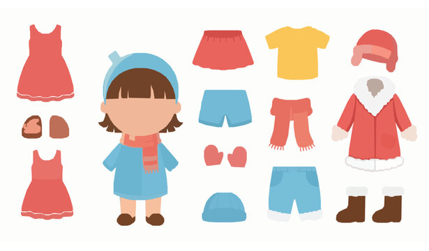 Cute baby girl paper doll dress up vector set with summer and winter children outfits cartoon printable game isolated on white background