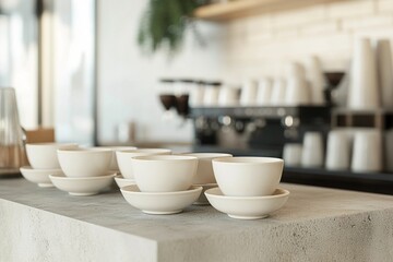 Minimalist coffee counter with elegant ceramic cups