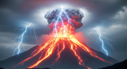 Volcanic eruption spewing lava and ash, illuminated by lightning strikes.