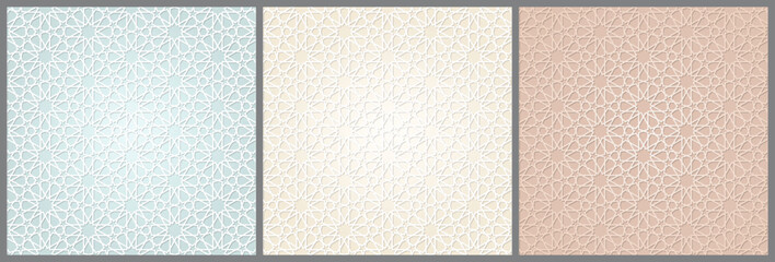 Fototapeta premium Seamless Islamic geometric pattern set. Elegant luxury design. Intricate star and polygon ornament on white background. Perfect for luxury wallpaper, Eid Mubarak design, packaging, Ramadan decor.