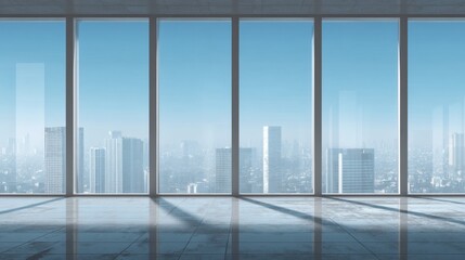 Fototapeta premium Modern Office Interior with Large Windows Showcasing Urban Skyline and Bright Blue Sky in a Contemporary Business Environment