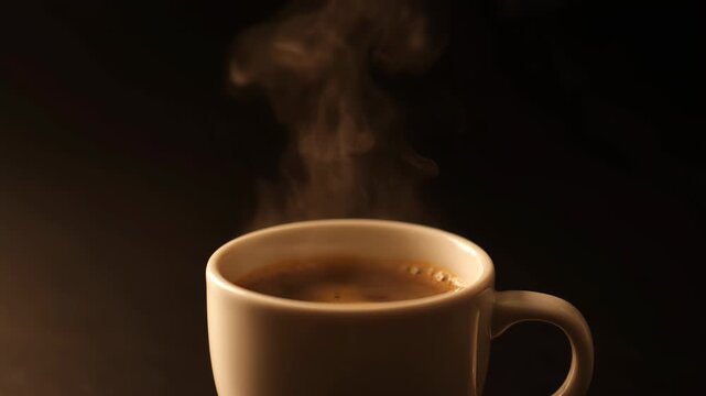 Steaming hot coffee in white mug on dark background - 4k video
