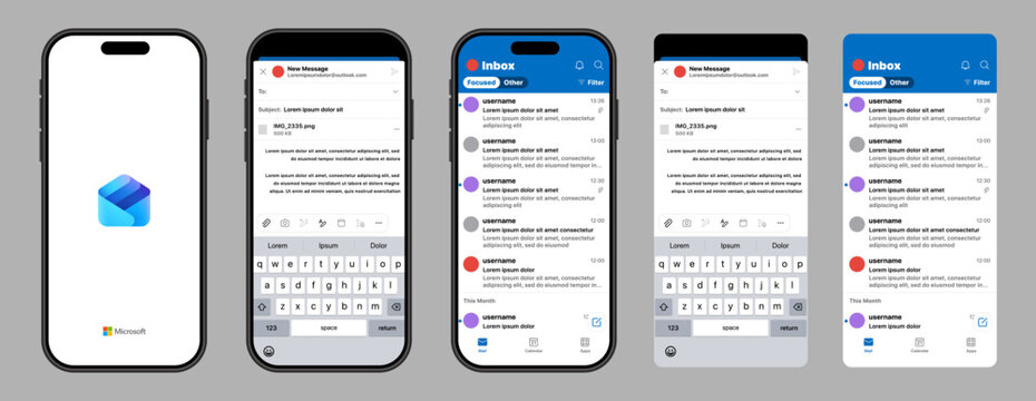 Outlook Email and Calendar App Interface on Smartphone Screen, Inbox List, Reading Pane, Meeting Schedule View, Contact Avatars, Clean Corporate Productivity Mobile Mockup, vector illustration.