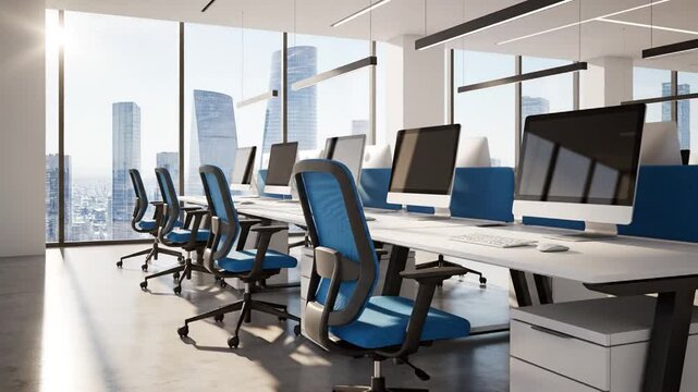 Modern office space with blue chairs and city view provides serene workplace environment for business productivity