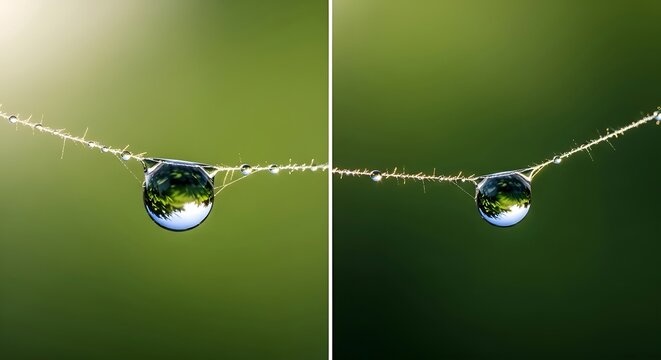 Macro Water Droplet Reflecting Green Trees and Sky on Spiderweb