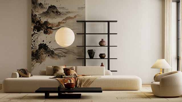 Bold japandi interior styling featuring strong contrast, minimalist furniture and natural materials for a refined modern living environment. 3D illustration