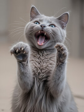 A silver-grey burmese cat is captured in a dynamic pose. The cat is looking up with its mouth open in a hiss or meow, while its front paw is raised with claws fully extended